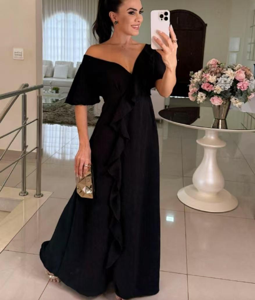 2025 Summer Sexy V-neck Slimming Waist Maxi Dress Extra Large чёрный