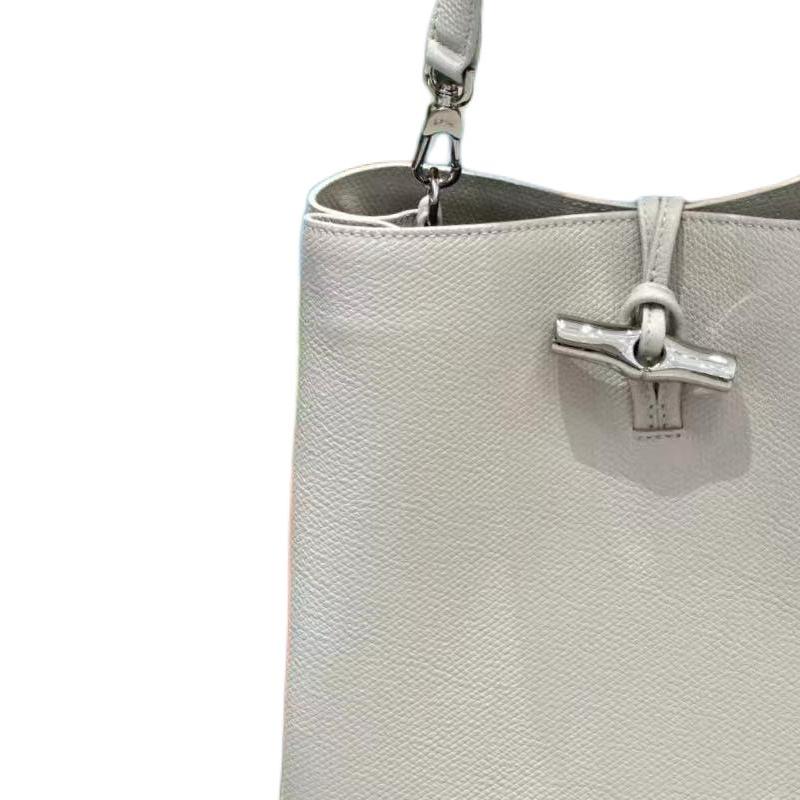 Longchamp Le Roseau Silver Metal Bamboo Grain Cowhide Hobo Bag Medium Women Bags Clay-Gray 10315HFP266