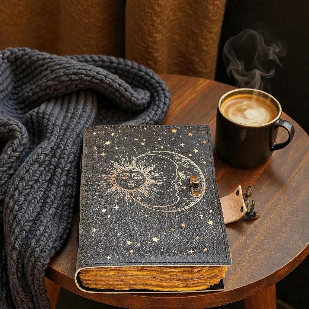 Handmade Sun & Moon Leather Journal | Celestial 5x7" Notebook with 200 Deckle Edge Pages | Vintage Cosmic Diary | Astrology & Witchcraft Writing Book
