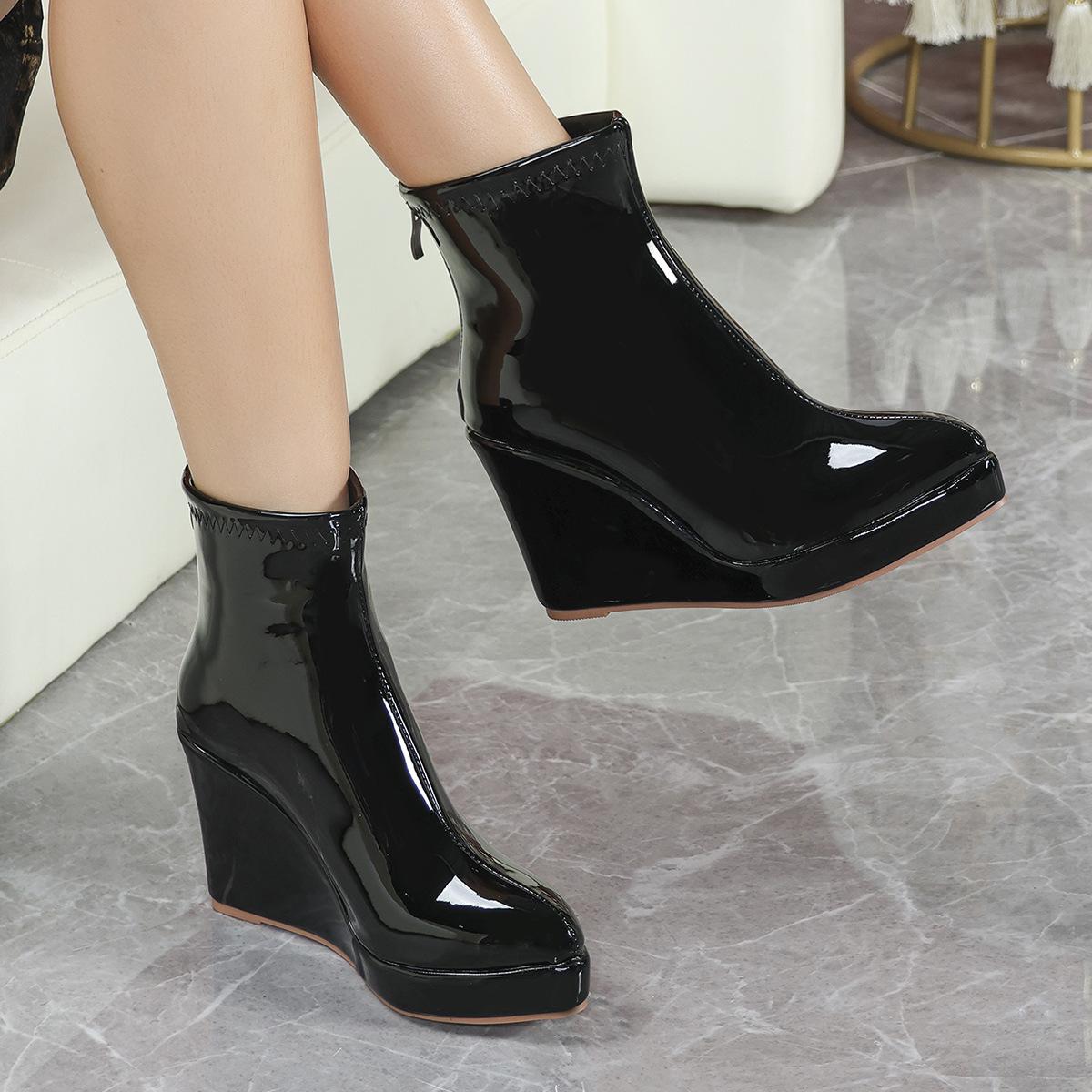 

British Style Patent Leather Burgundy Short Boots Pointed Toe Women s Wedge Platform Chunky High Heel Shoes Fashion Footwear 42 чорний