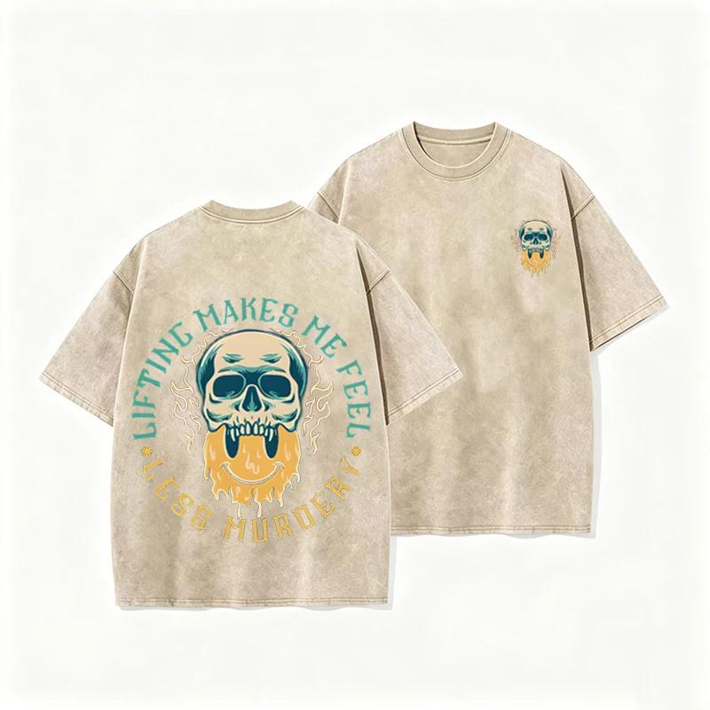 Retro Lifting Quote T Shirt Skull Flame Print Men Bodybuilding Casual Streetwear S