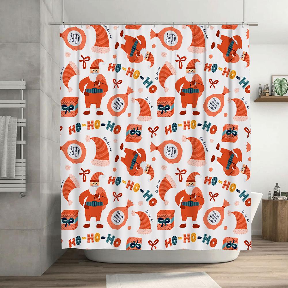 Christmas Shower Curtain Festive Santa Claus Pattern Orange Red Colorful Printing Non-Slip Waterproof Fabric for Bath Decoration