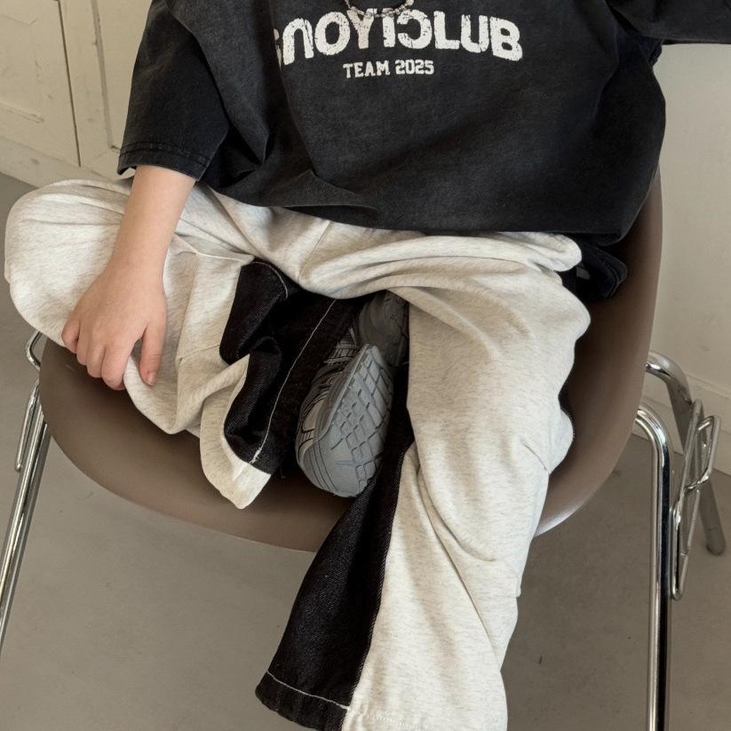 2025 Boys Denim Color Block Wide Leg Sweatpants - Casual Loose Fit, Pleated Straight-Leg Design