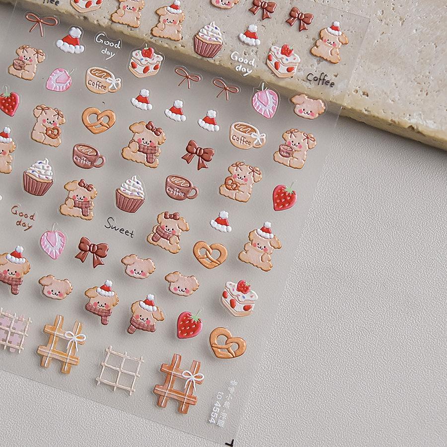 1PCS 5D Embossed Nail Sticker Cute Gray Cake Teddy Bear Bow Cartoon Nail Art Stickers Self Adhesive Nails Decorations Decals DlY