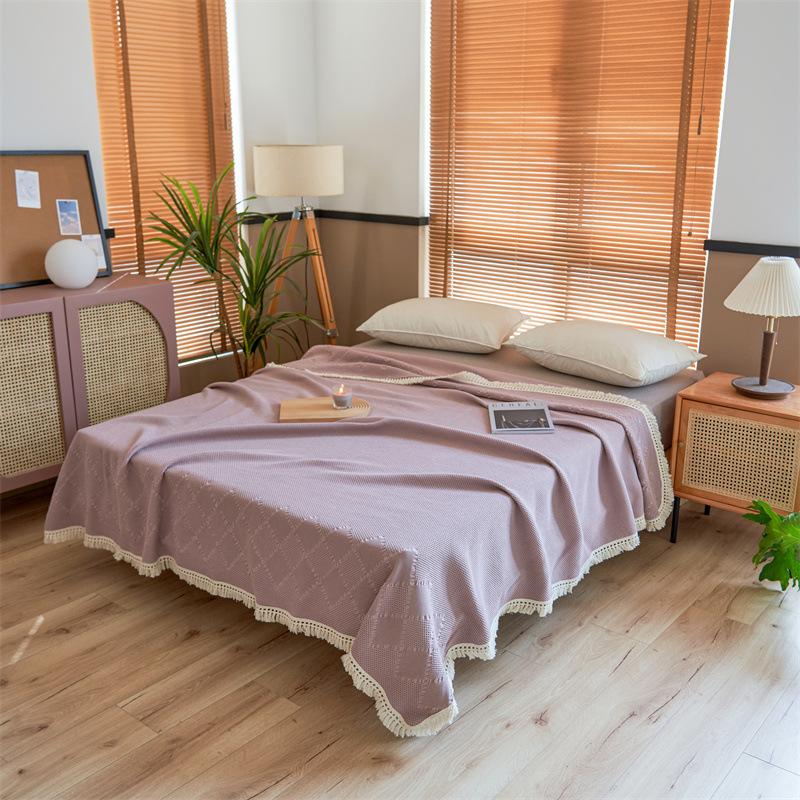 

Скандинавское хлопковое марлевое полотенце-одеяло с кисточками Летнее вафельное одеяло из чистого хлопка для кондиционирования воздуха Офисное одеяло 150x200cm 1.1kg