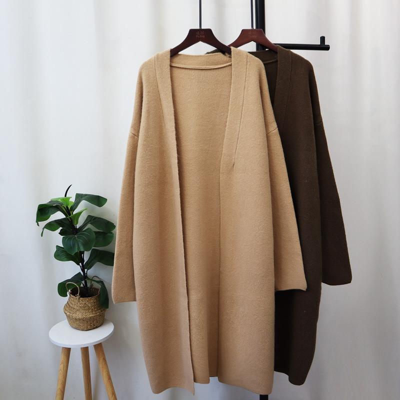Long over-knee knitted cardigan autumn and winter new loose lazy style solid color temperament sweater jacket women