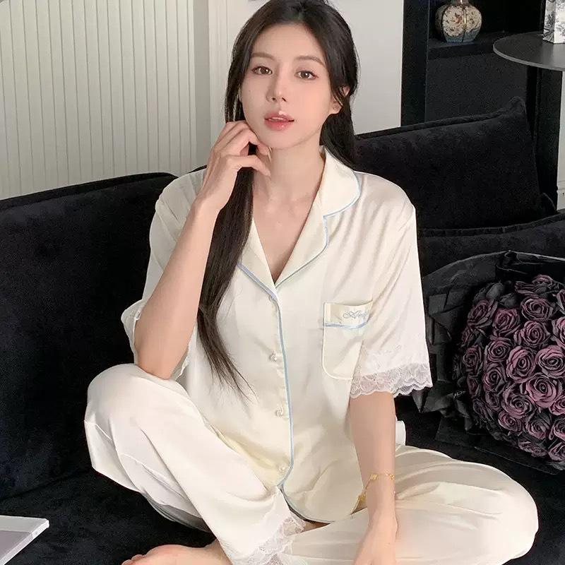 [Pearl Dodder Three-piece Set] 1011 Spring and Summer Pajamas Women's New Short Sleeve Lace Premium Ice Silk Two-piece Set