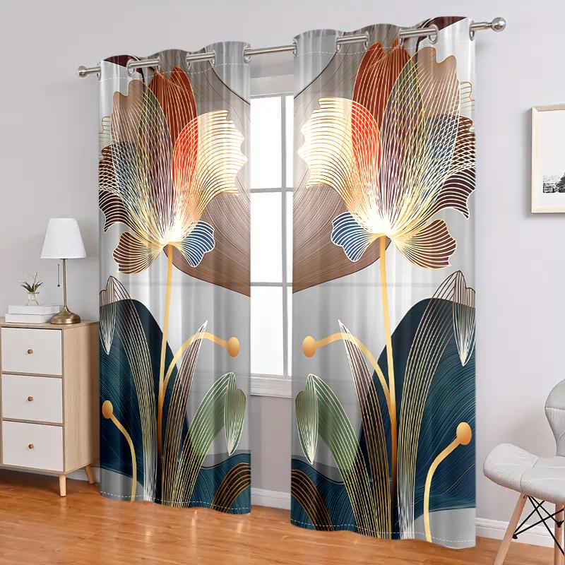 2 Pieces, Golden Line Abstract Floral Curtains - Semi Transparent - Suitable for Living Room, Bedroom and Home Decoration.