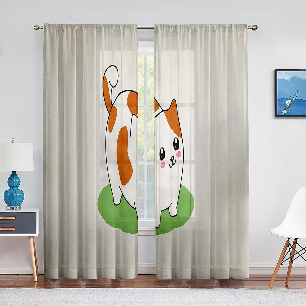 Lustige Cartoon Katze Tüllvorhänge für Wohnzimmer Schlafzimmer Dekoration Niedliche Kätzchen Tier Farbe Chiffon Transparent Voile Fenstergardine