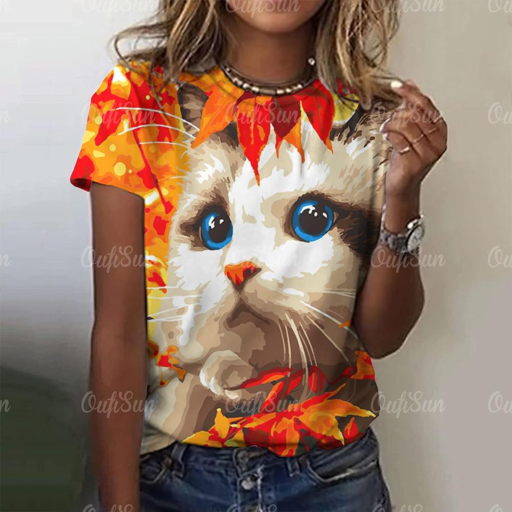 Women's T Shirts 3d Gradient Cat Print Tshirts Y2k Oversized Female Clothing Aesthetics Tees Funny Fashion Short Sleeve Tops