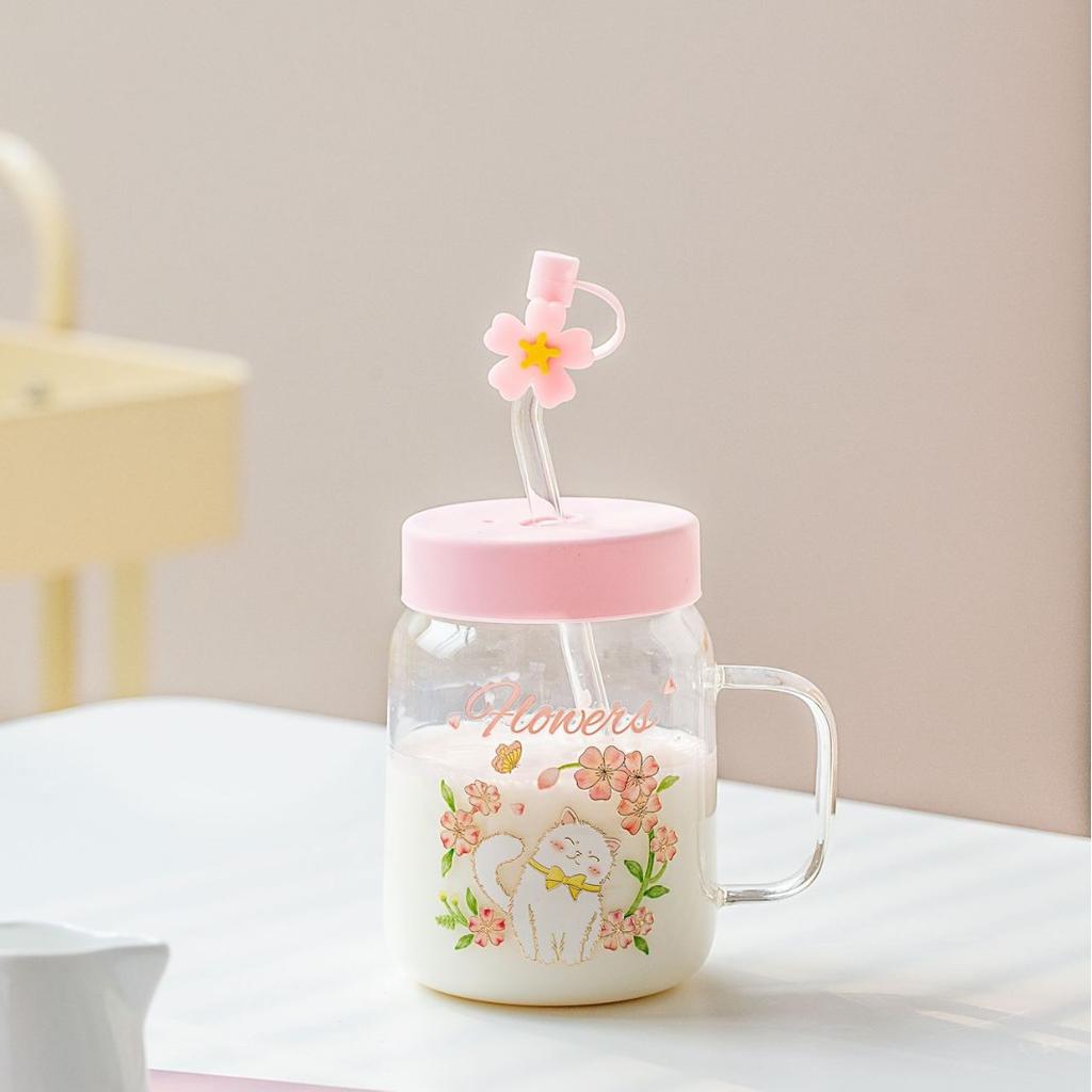 Relief Transparent Cat High Temperature Glass Cup Cute Large Capacity Straw Student Female Milk Breakfast Cup Office