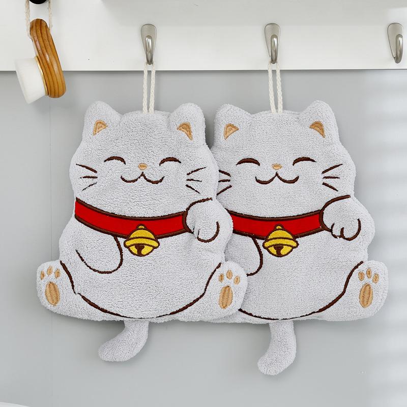 Coral fleece new lucky cat hand towel soft and absorbent cute embroidery can hang rag quick dry hand towel