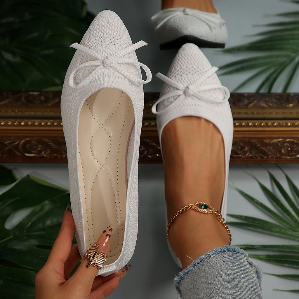 Spring and Summer Knitted Bow Flat Bottom Shallow Mouth Breathable Single Shoes Fashion Casual Pointed Large Size Lazy Women's Shoes