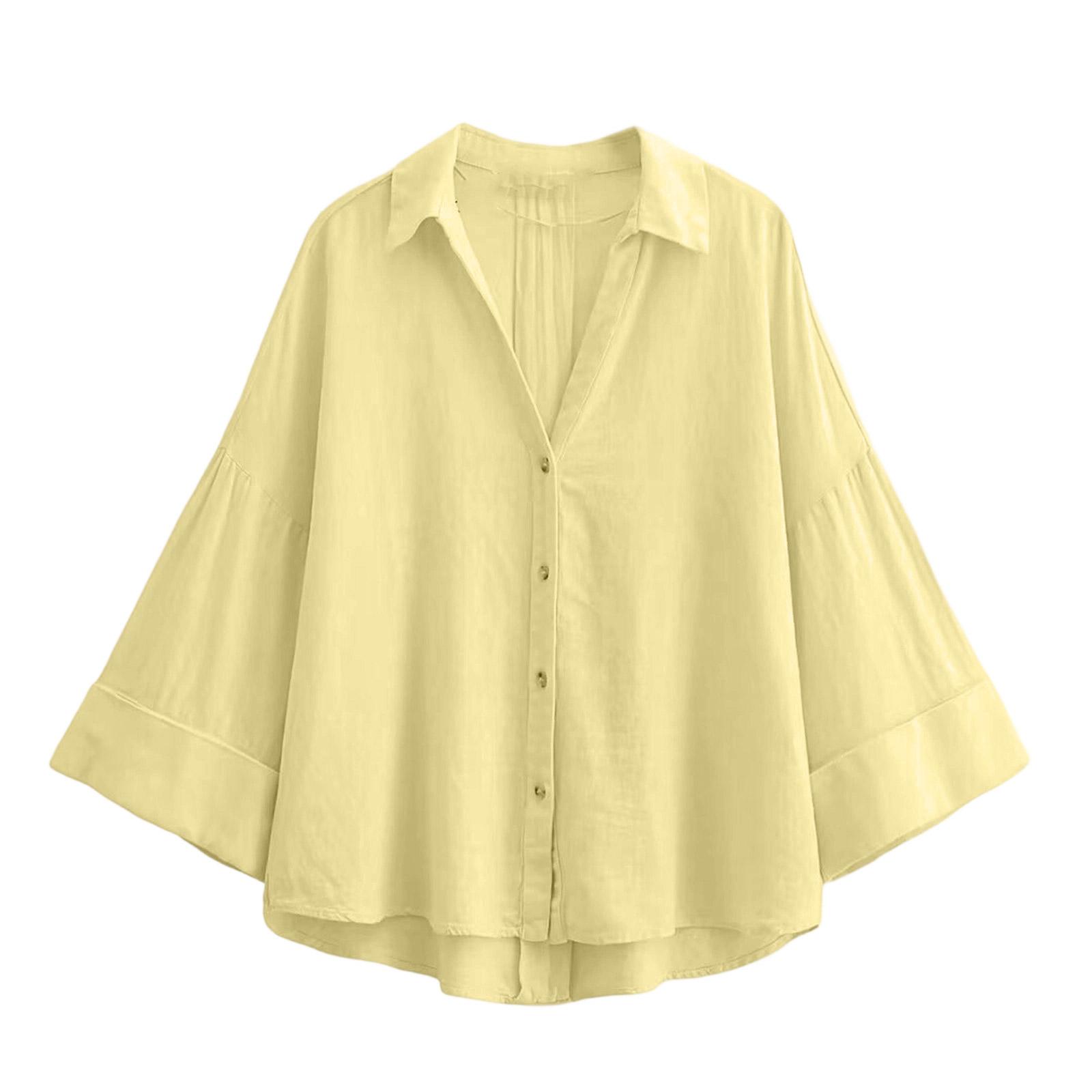 

Women s Color Fashionable Linen Wide Sleeve Comfort Shirt XS жовтий