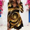 Women Plus Size V Neck Long Sleeve Printed Black Green Gold A Line Dress