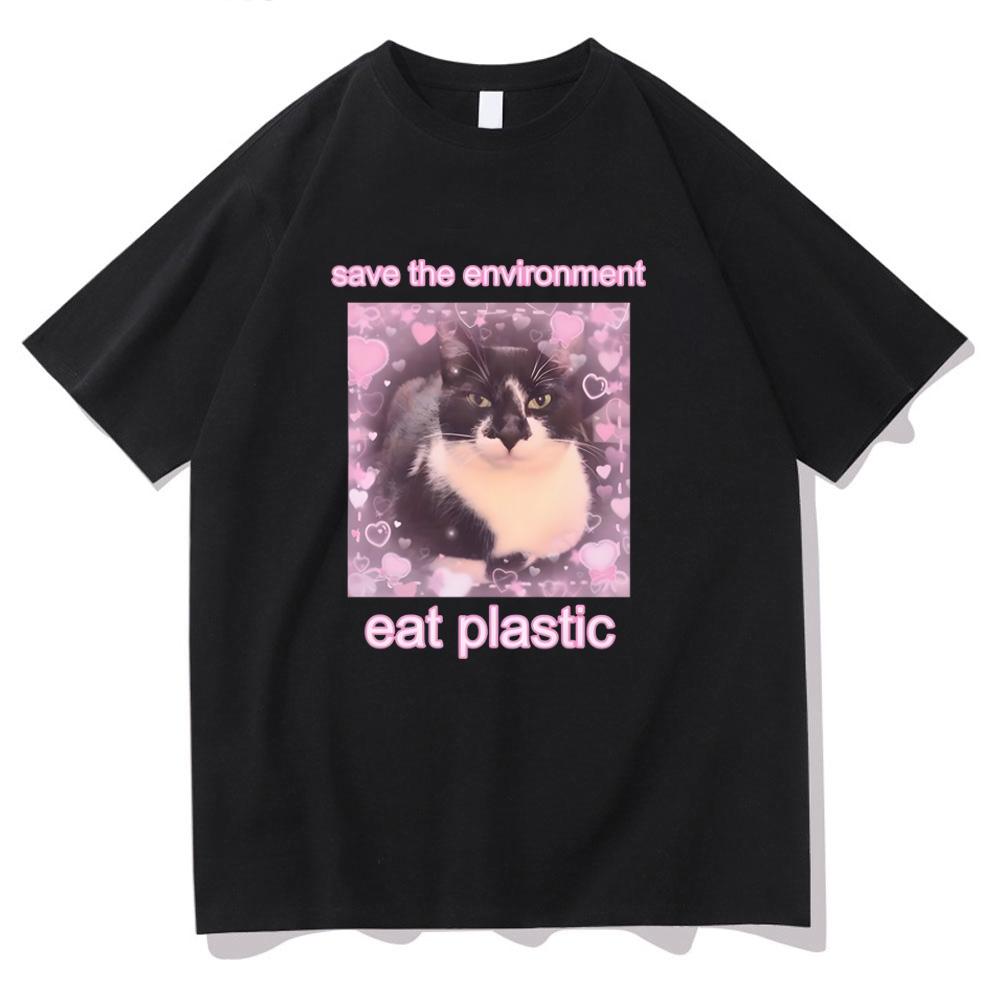 

Save The Environment Eat Plastic Meme Cat T-shirts Short Sleeve Summer Cotton Tee-shirt Cartoon Graphic Tees Girls Women Tshirts 4XL