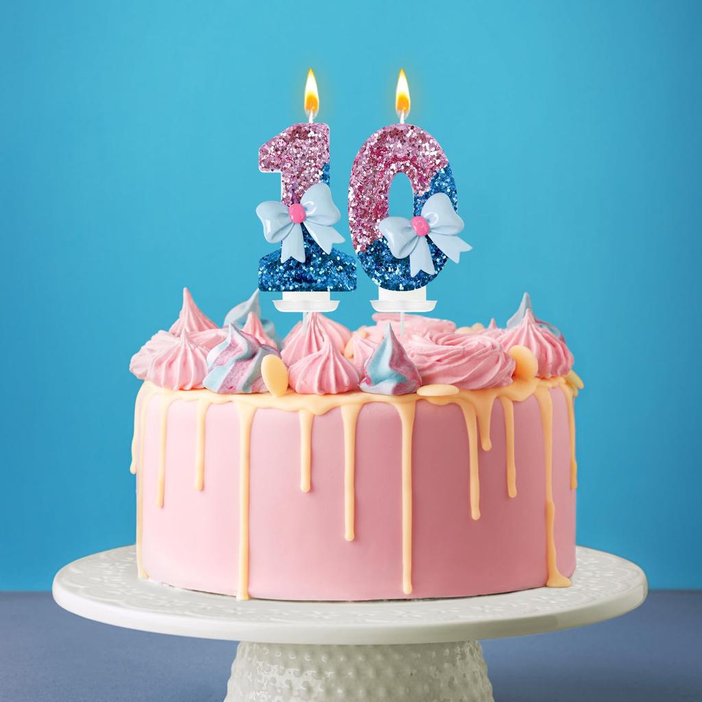 Velas de Aniversário com Laços Rosa e Azul, números 0-9 Decoração de Bolo, Adequado para Aniversário Evento Casamento Decoração Suprimentos