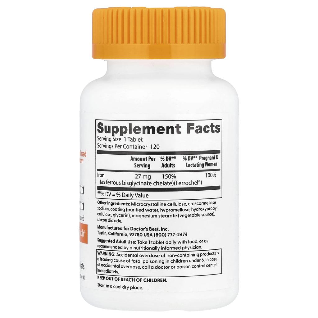 Doctor'S Best, High Absorption Iron Supplement, with Ferrochel, 27Mg, 120 Tablets