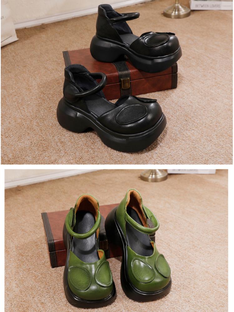 Johnature Mary Jane Round Toe Thick Soled Sandals Genuine Leather Comfortable Women's Shoes