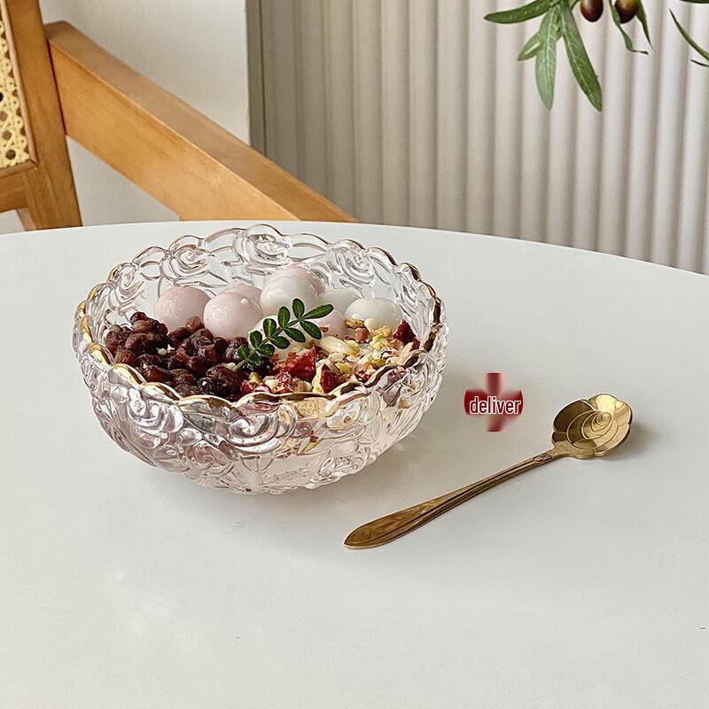 Wuhe Rose Glass Dessert Bowl with Gold Rim