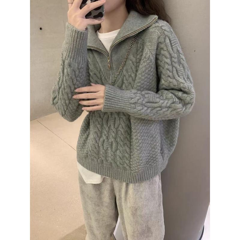 Women's Turtleneck Knitted Sweater Autumn Winter Korean Lazy Zipper Loose Pullover Top Thickened