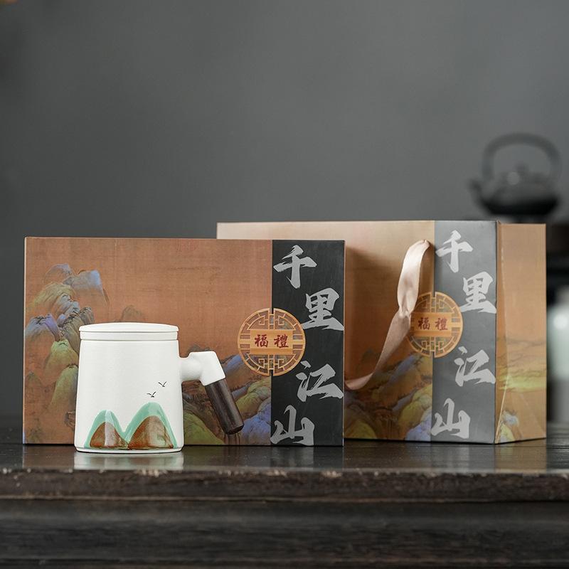 Guochao Merchandise Ceramic Office Cup Gift Box with Lid Mug Tea Separation Tea Cup Business Gift