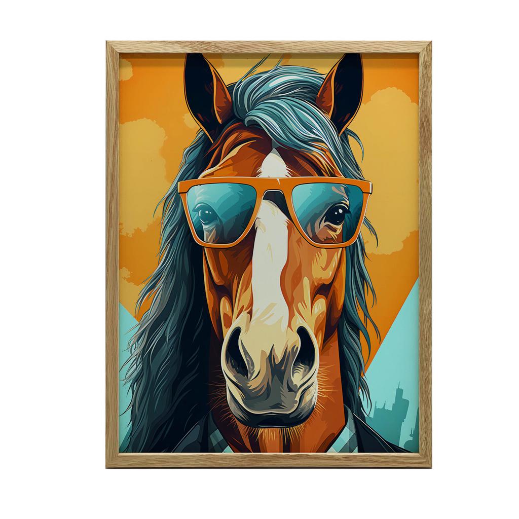 Stylish Horse With Glasses Stylish Horse With Glasses, 50X70 Cm, Dark Brown Wooden Frame, 230 Gsm Matte Paper