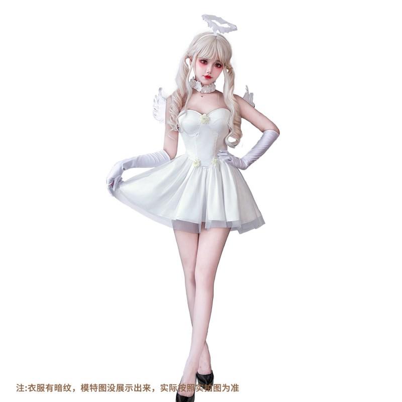 Gothic Angel Devil Halloween Costume Women - Black White Dress With Wings Neckpiece Gloves Headpiece Cross Necklace