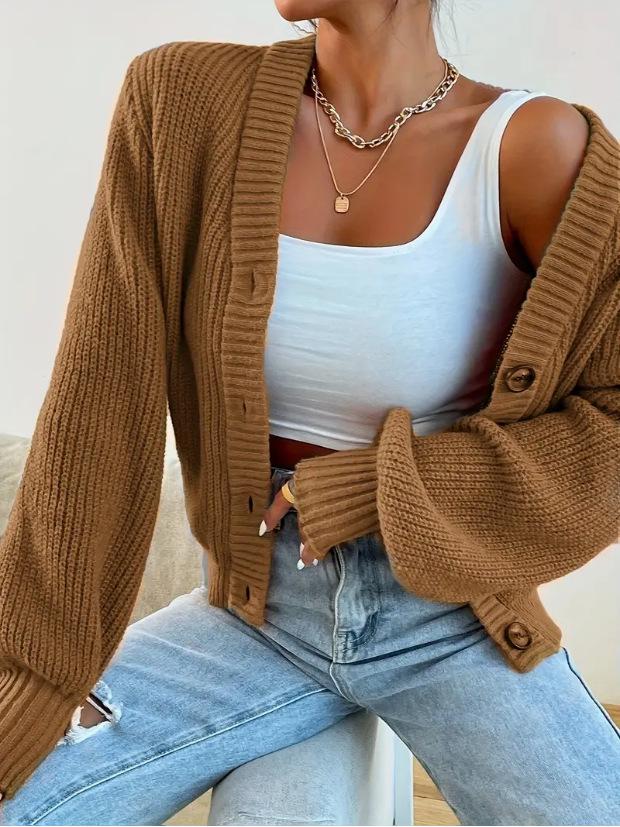 Women's V-neck Knit Cardigan - Autumn/Winter Solid Color Casual Sweater