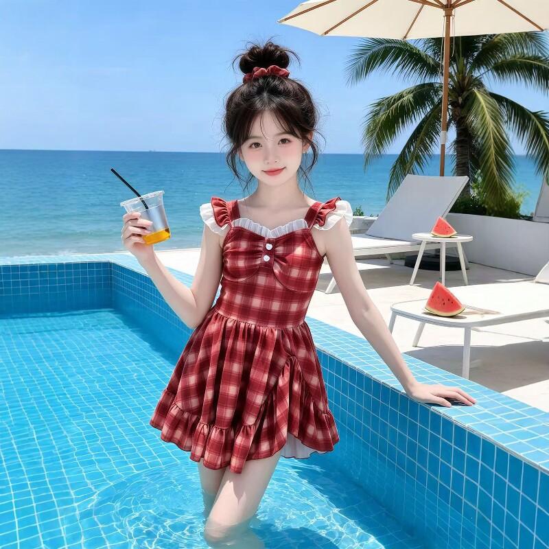 Girls Plaid One Piece Swimsuit With Skirt Summer Beach Vacation Swimwear For Big Kids
