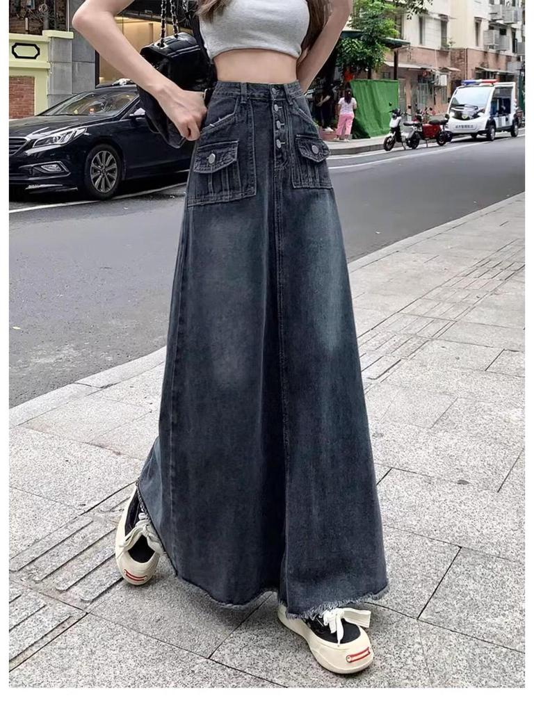 Vintage Korean Style High-Waist Denim Midi Skirt for Women - Early Spring/Summer A-Line Bodycon
