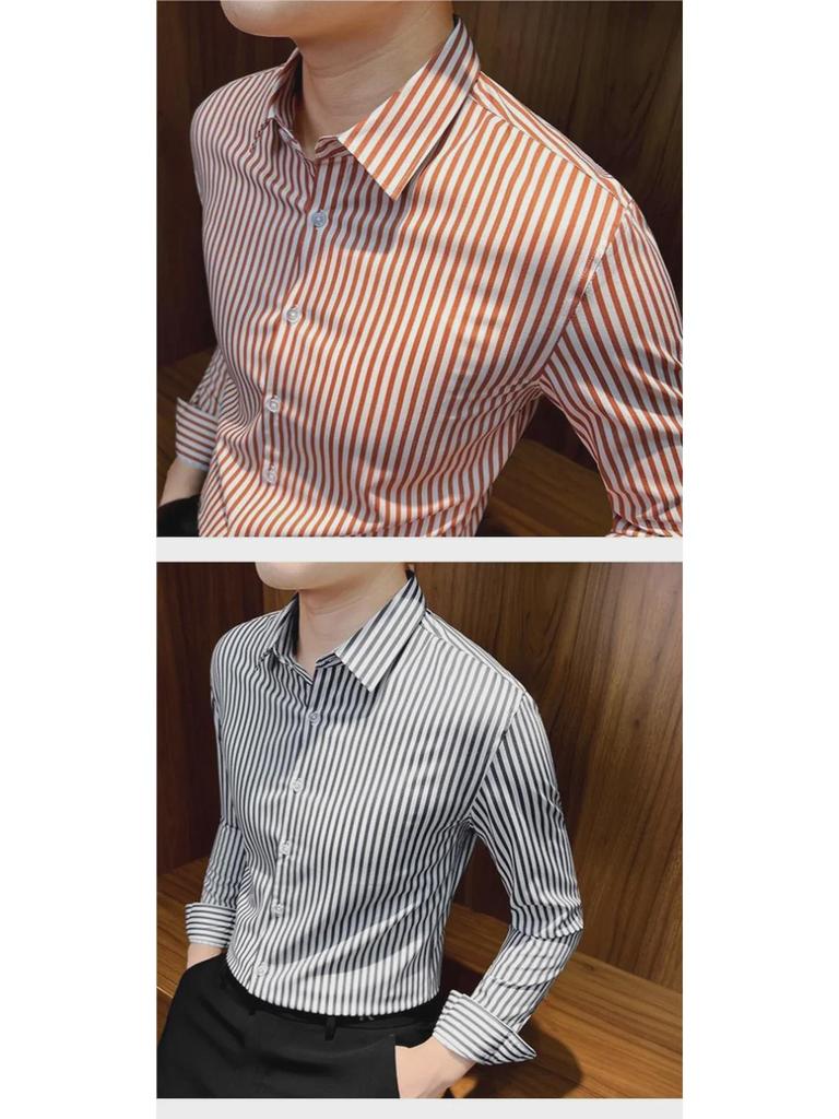Men's Slim Fit Vertical Striped Long Sleeve Business Shirt 2023