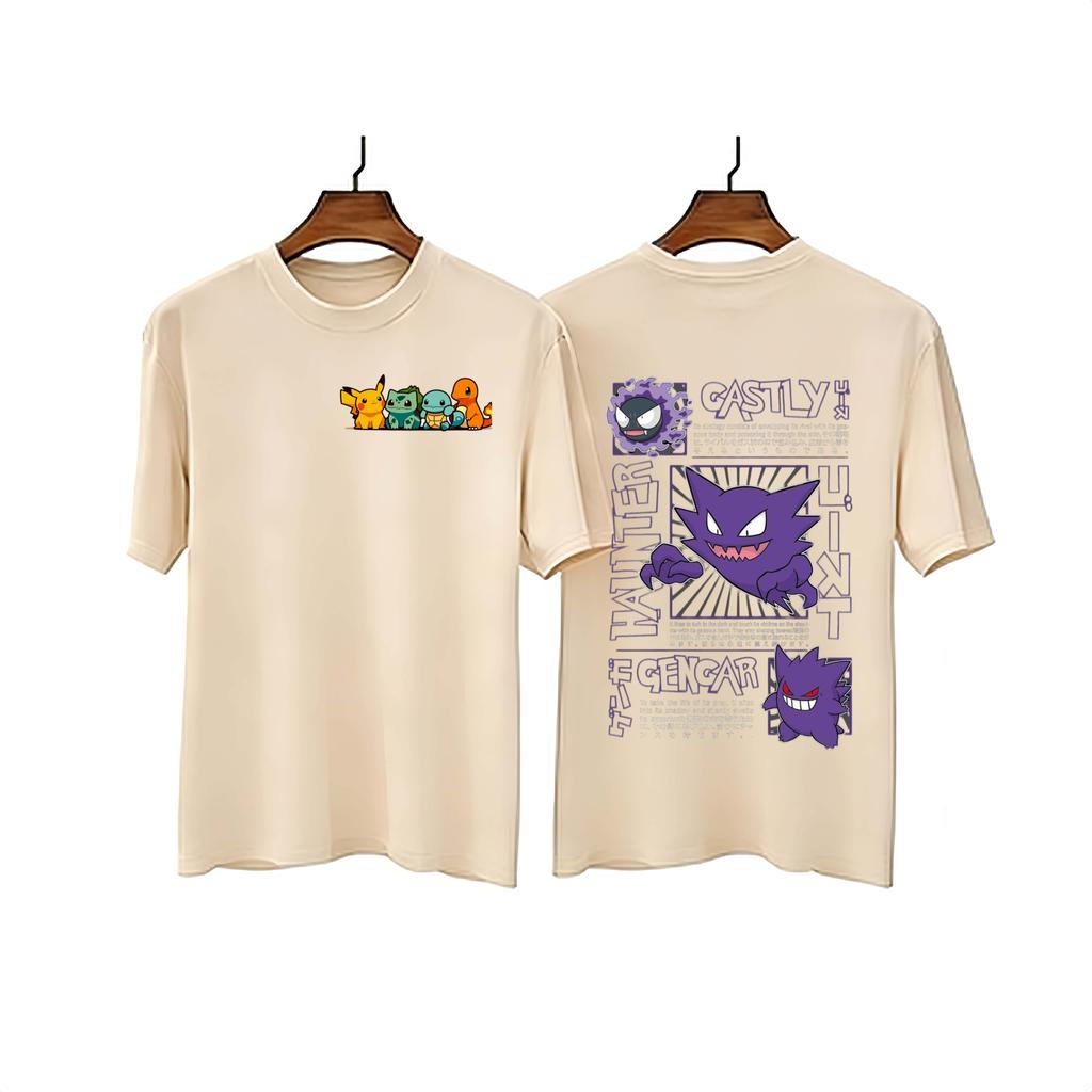 Pok Mon Genggui Doublesided Printed Summer New Cartoon Cotton Adultchildren Loose Plus Size Short Sleeved Breathable Tshirt