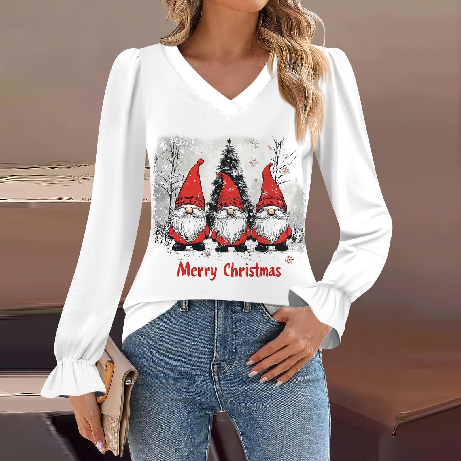 

Женская мода повседневная блузка с длинным рукавом и принтом, V-образным вырезом, рукавом-трубой S белый