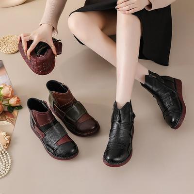 Color Matching Leather Short Boots Warm and Comfortable Cotton Shoes Winter First Layer Cowhide Flat Bottom Beef Tendon Sole Casual Women's Boots