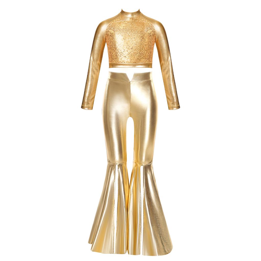 Girls Long Sleeve Sequin Metallic Crop Top Split Bell Bottom Shiny Pants Dance Performance Outfit