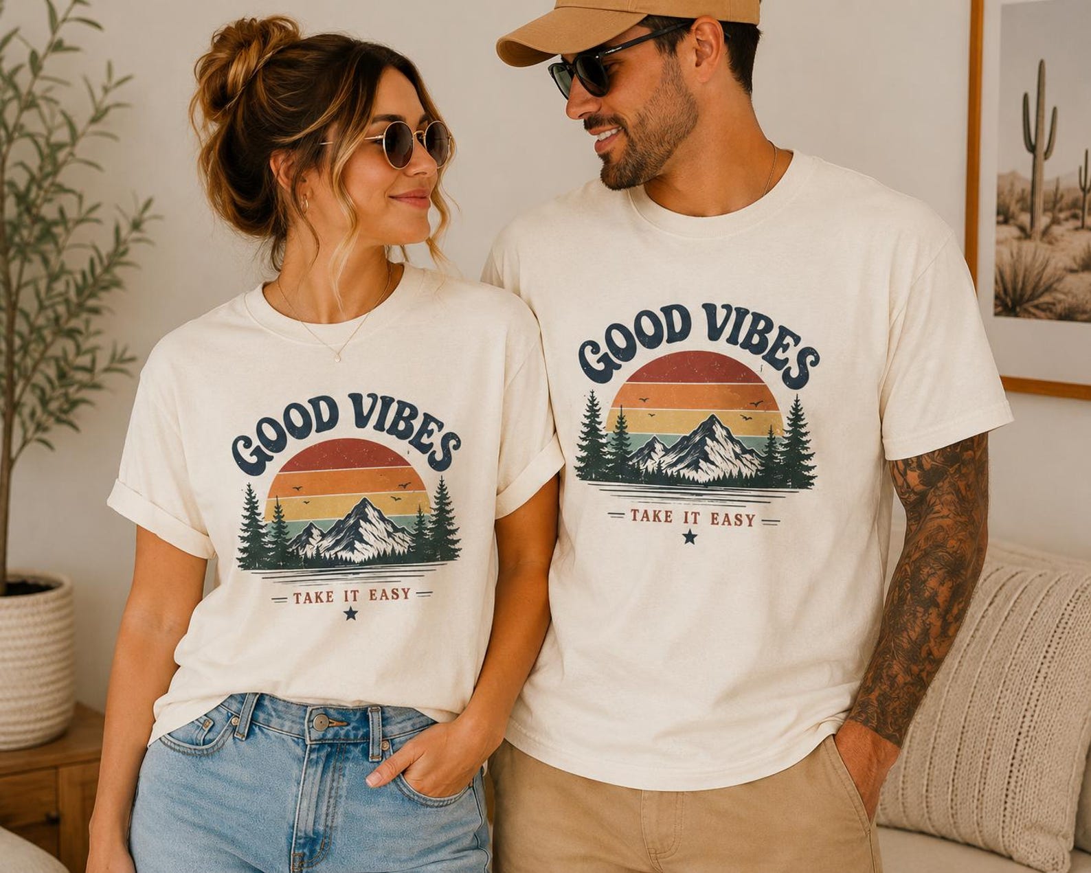 Good Vibes Retro Mountain Sunset T-Shirt, Take It Easy Graphic Tee S