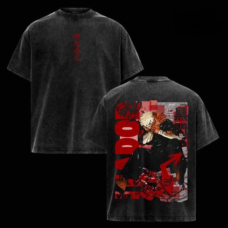 Itadori Yuji Jujutsu Kaisen Graphic T Shirt Men Short Sleeve Cotton Tshirts Vintage Washed Tee Harajuku Male Oversized T-shirt