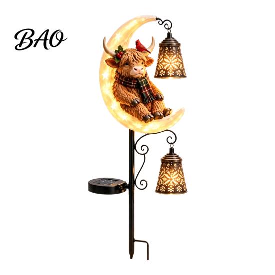 Christmas Seasonal Landscaping Decor Highland Cow Moon Solar Garden Light, Metal Powered Porch Lighting Stake Outdoor Yard Lawn Path Decoration