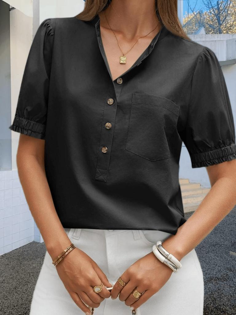 Women's Puff Sleeve Collared Blouse Half Button Down Cotton Loose Work Top