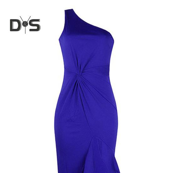 Damen-Abendkleid, einschulterlang, geschlitzter Saum, Rüschen, einfarbig, schmale Passform, schräger Ausschnitt, ärmellos, rückenfrei, bodenlang, Damen-Abschlussball-Maxikleid