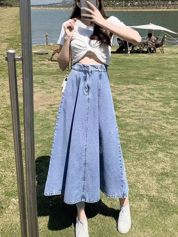 High-Waisted Plus-Size Pleated Denim Midi Skirt for Women - Slimming, Over-the-Knee, New Style