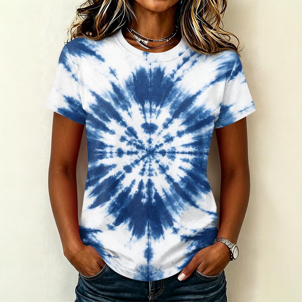 Women's Casual Pullover T Shirt Short Sleeve Round Neck Tie Dye Print Top Lightweight Comfortable Fit