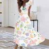 Women's Long Casual Dress Summer Short-Sleeve V-Neck Waist Retraction Printed Dress