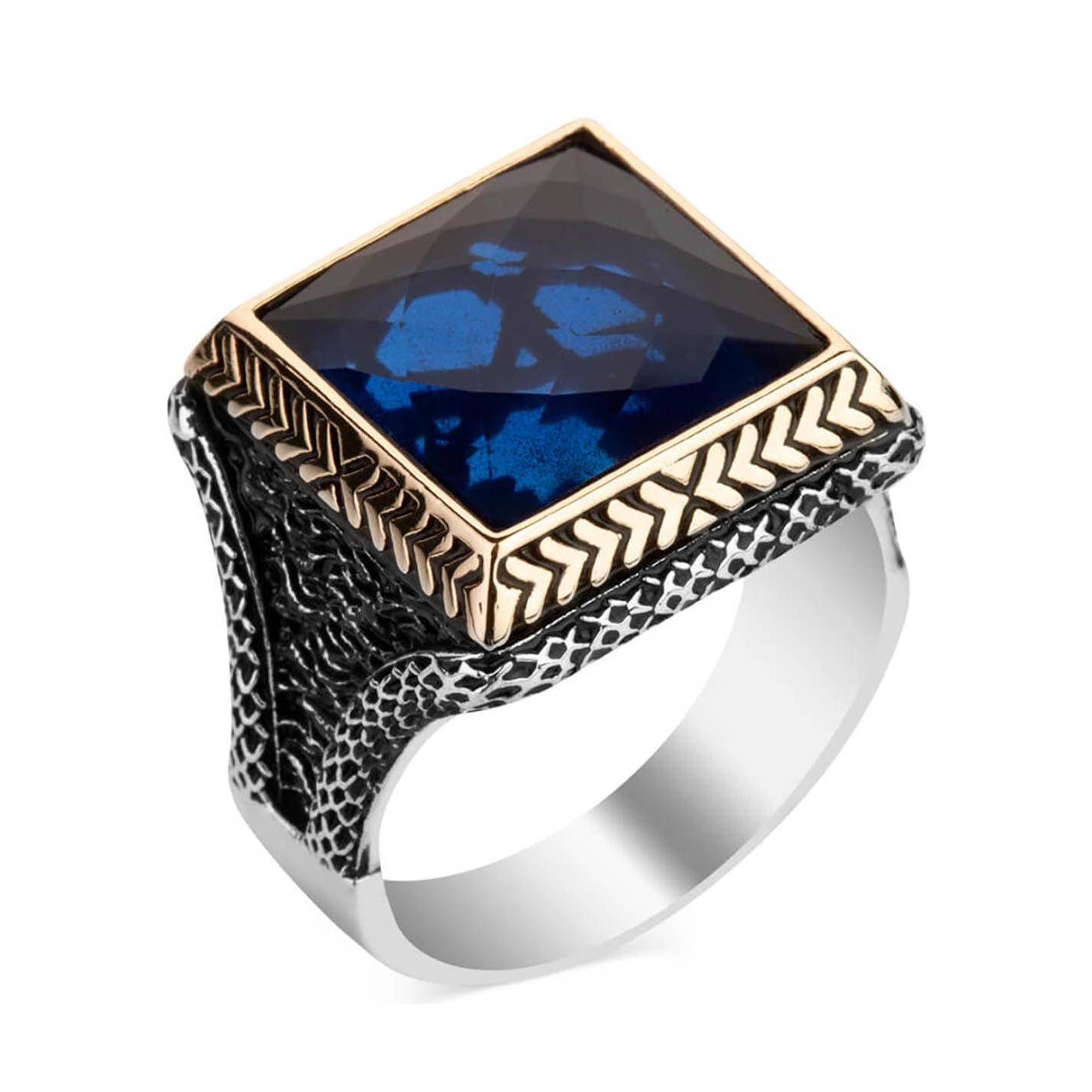 

Мужское кольцо из стерлингового серебра с голубым цирконием и квадратным камнем