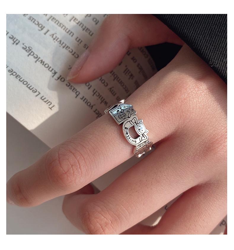 S925 Sterling Silver Graffiti Gingerbread Man & Bear Christmas Ring: Women's Retro Open Index Finger Style