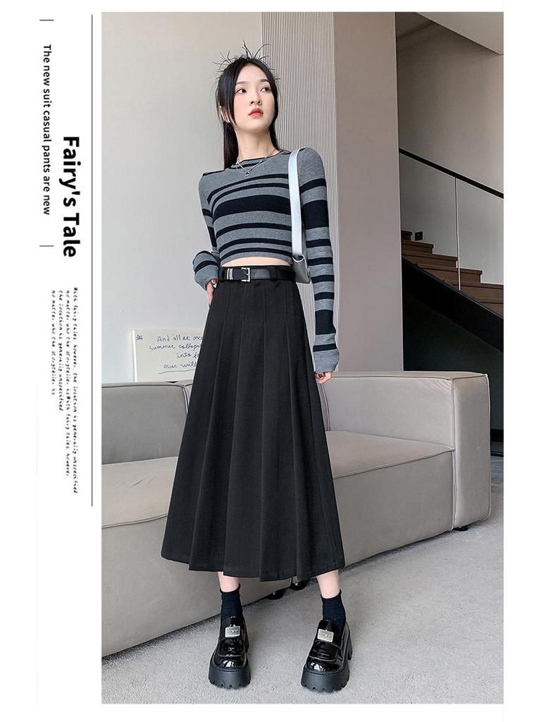 High-Waisted A-Line Pleated Midi Skirt - Elegant, Slimming Autumn Style for Women