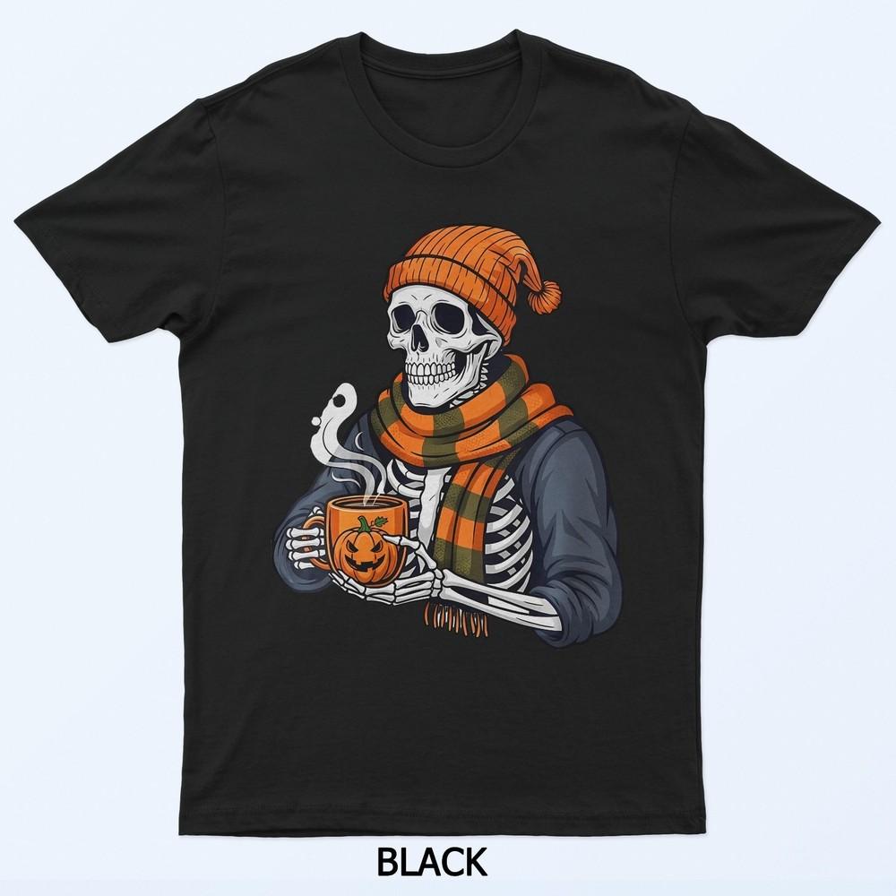 Comfy Skeleton Drinking Coffee  Funny Spooky Halloween T-Shirt