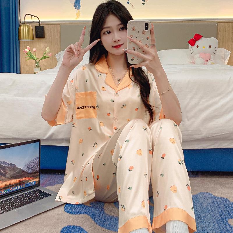 Ice Silk Pajamas Women'S Summer Sweet Wind Cartoon Printing Short-Sleeved Trousers Loungewear Can Be Worn Outside