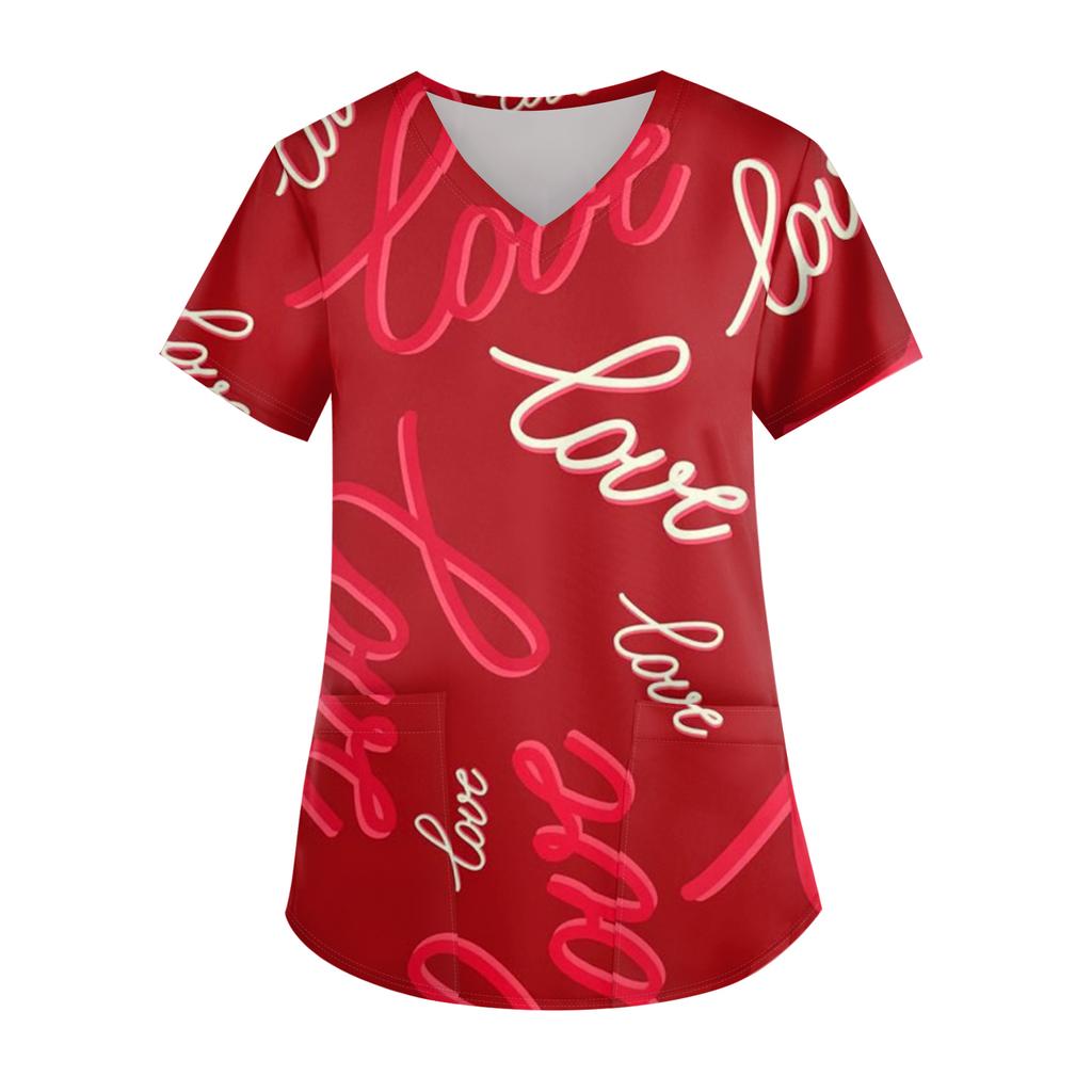 Ladies' Valentine's Day Printed Fashionable V-neck Pocket Short Sleeved Uniform And Caregiver Top